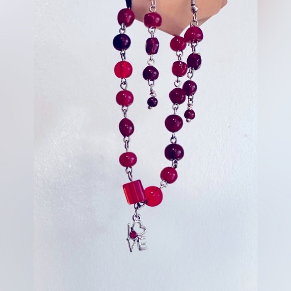 4-Tier Red Amber Gems, 925s Dangle Earring+Bracelet w/Sweet Ruby L♥️VE CHARM Set - Picture 5 of 16